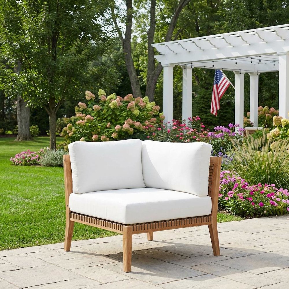 Outdoor Patio Teak Wood Corner Lounge Chair With Cushioned Seat. Picture 3