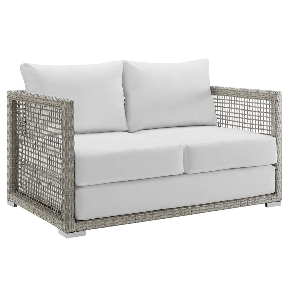 Outdoor Wicker Rattan Loveseat With Cushions And Armrests. Picture 1