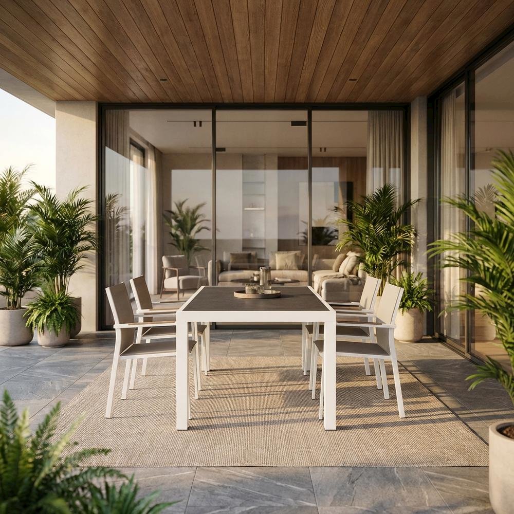 Square outdoor dining table with aluminum construction, weather-resistant design. Picture 2