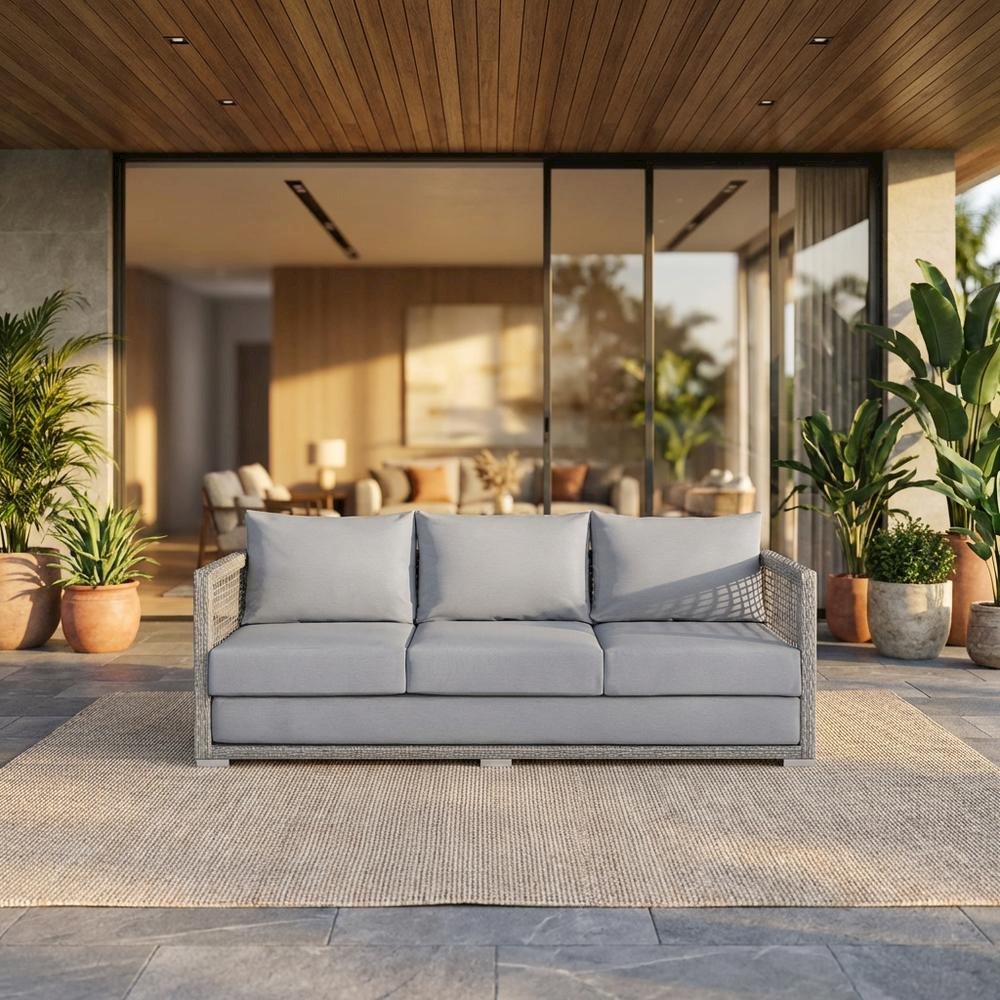 Outdoor Patio Wicker Rattan Sofa With Armrest And Seat Cushions. Picture 2