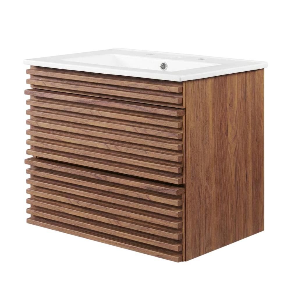 Walnut White 24-Inch Wall-Mount Bathroom Vanity with Ceramic Sink. Picture 1