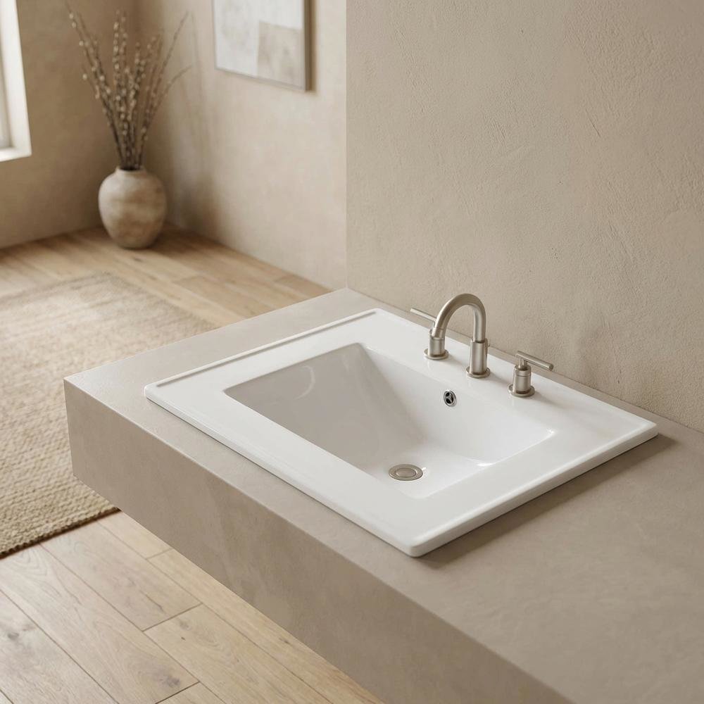 White 24-Inch Ceramic Bathroom Sink Top, Centerset Faucet Holes. Picture 2