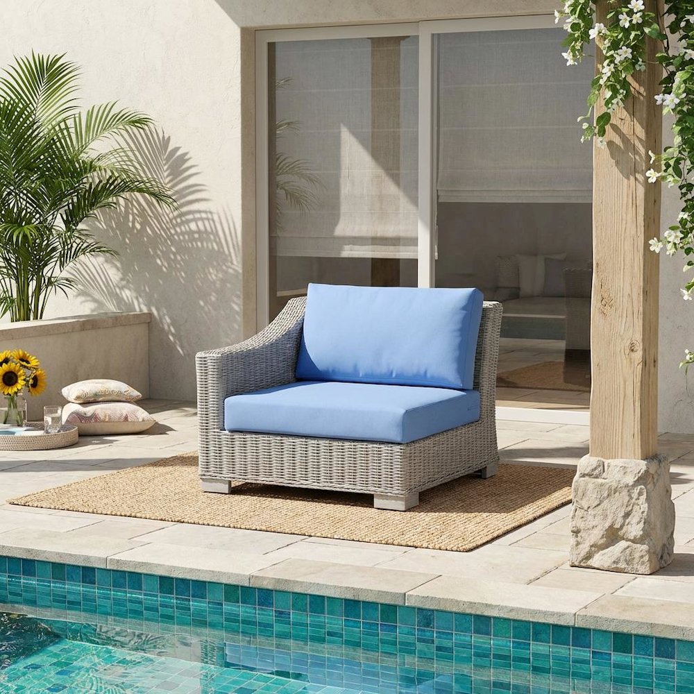 Outdoor Lounge Chair With Wicker Rattan Armrest In Neutral Finish. Picture 2