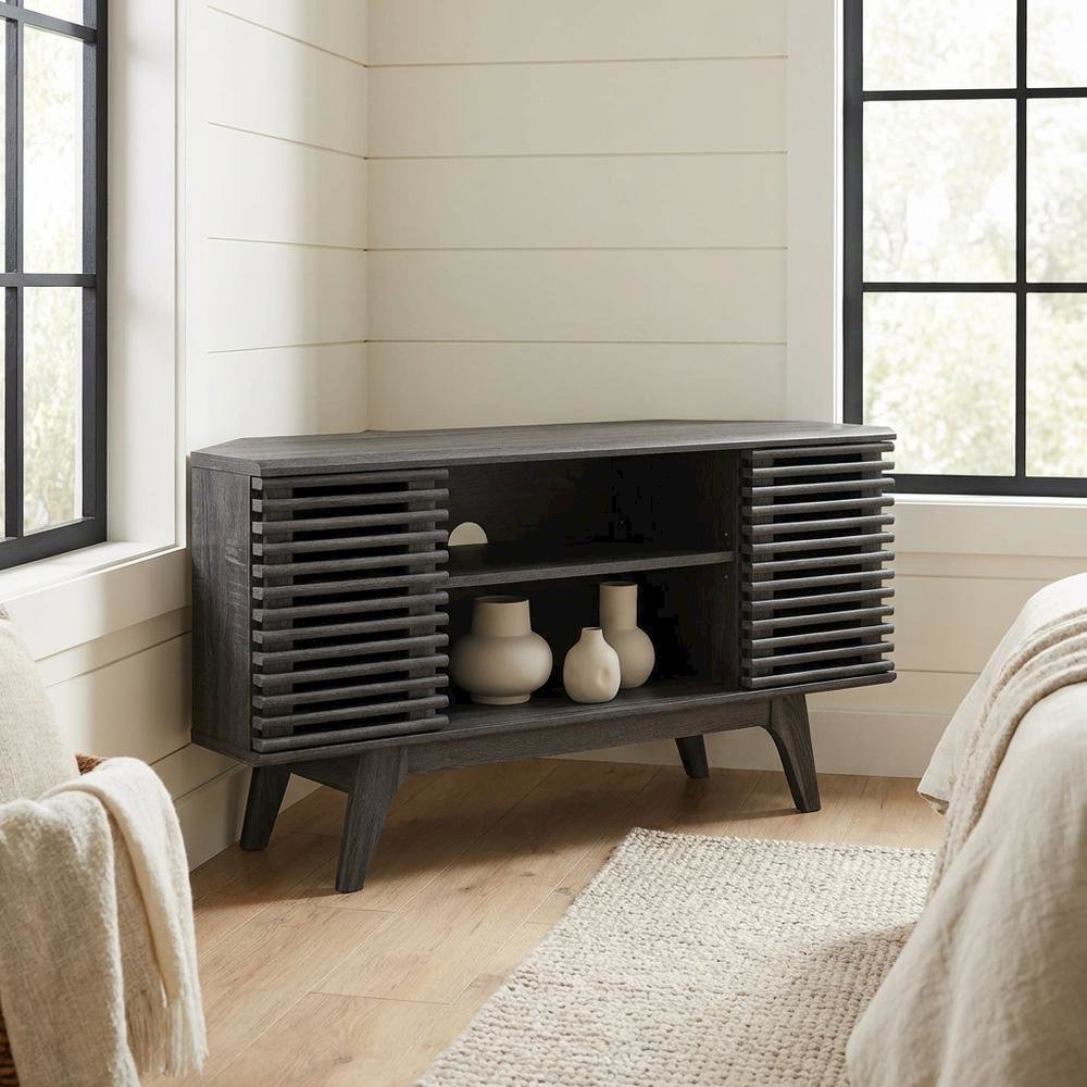 Gray wood corner TV stand with sleek design and sturdy construction. Picture 3