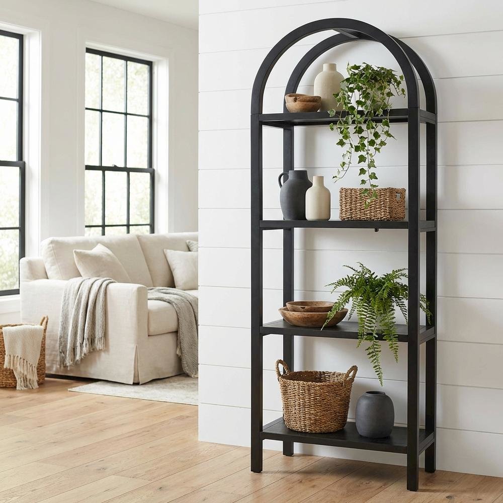 Black Narrow Arched Bookshelf, Elevated Shelves, Engineered Wood Construction. Picture 2
