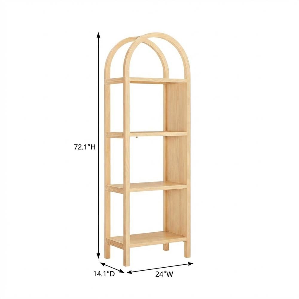 Brown engineered wood arched bookshelf with storage shelves and narrow design. Picture 7