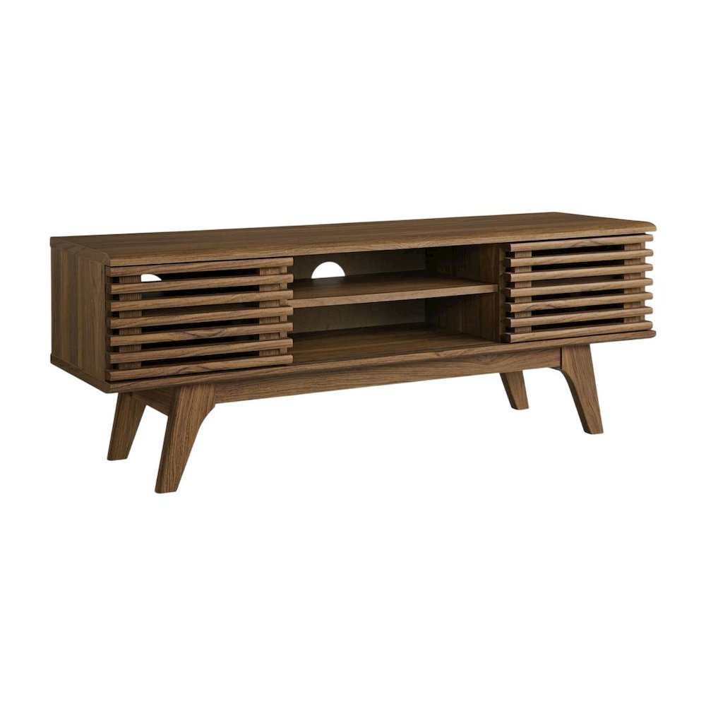 Wooden brown media console, 46-inch top, sturdy legs, modern living spaces. Picture 1