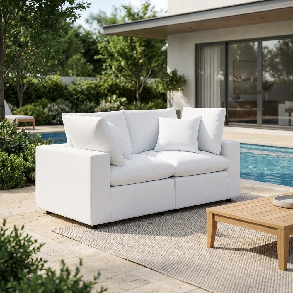 Outdoor Loveseat In Neutral Fabric With Comfortable Cushions. Picture 3
