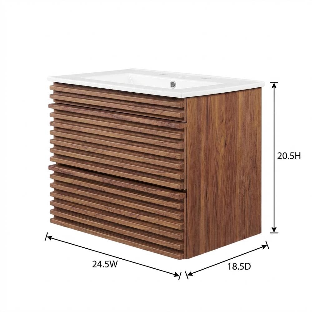 Walnut White 24-Inch Wall-Mount Bathroom Vanity with Ceramic Sink. Picture 7