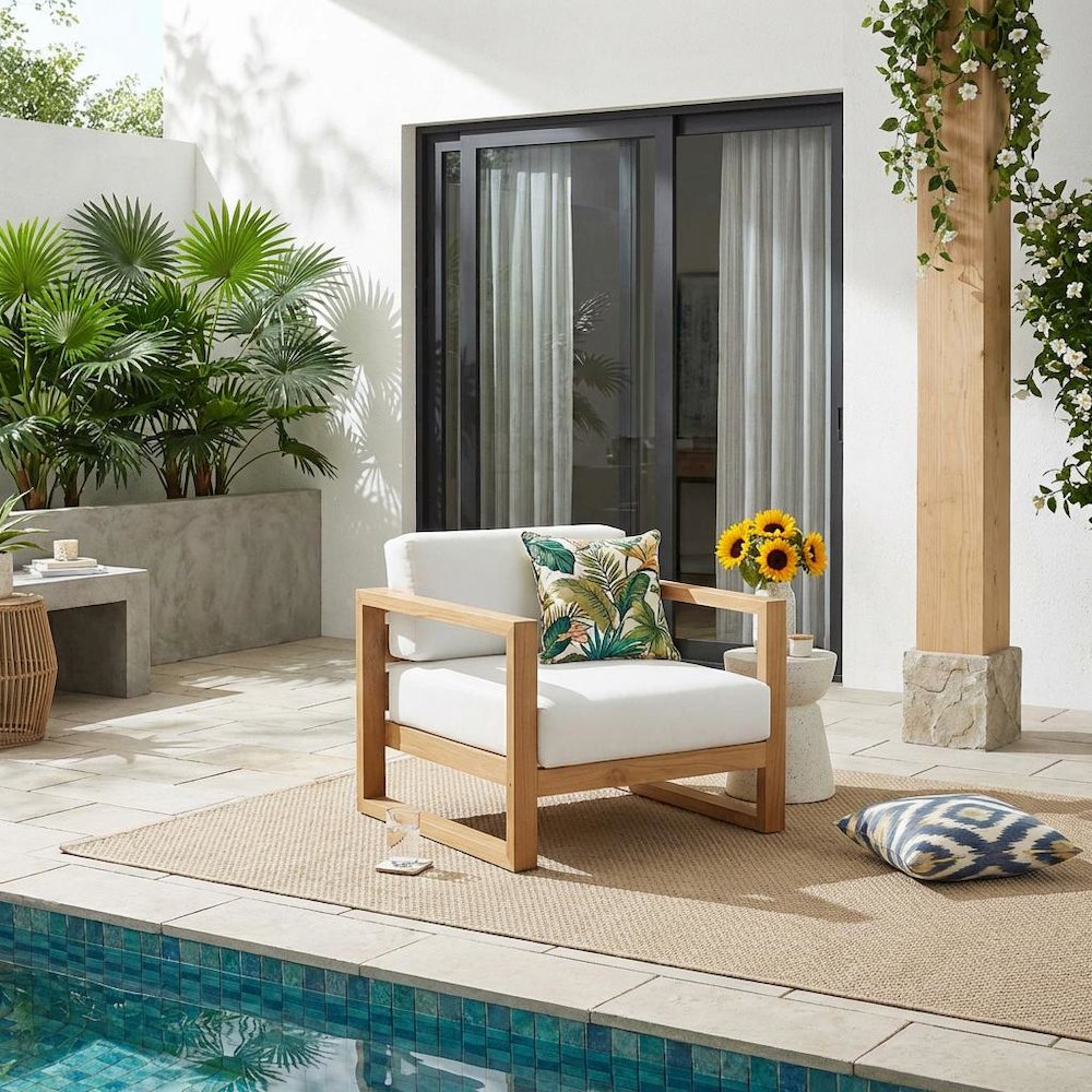 Teak Outdoor Lounge Armchair With Cushioned Seat And Armrests. Picture 2