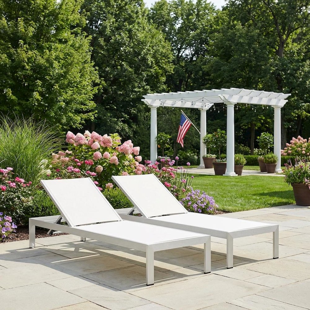 Set Of 2 Outdoor Aluminum Lounge Chairs With Cushioned Seats. Picture 3