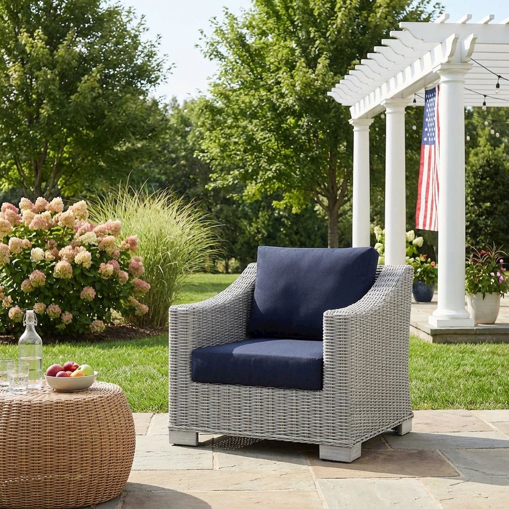 Outdoor Patio Wicker Rattan Armchair With Cushioned Seat And Armrests. Picture 3