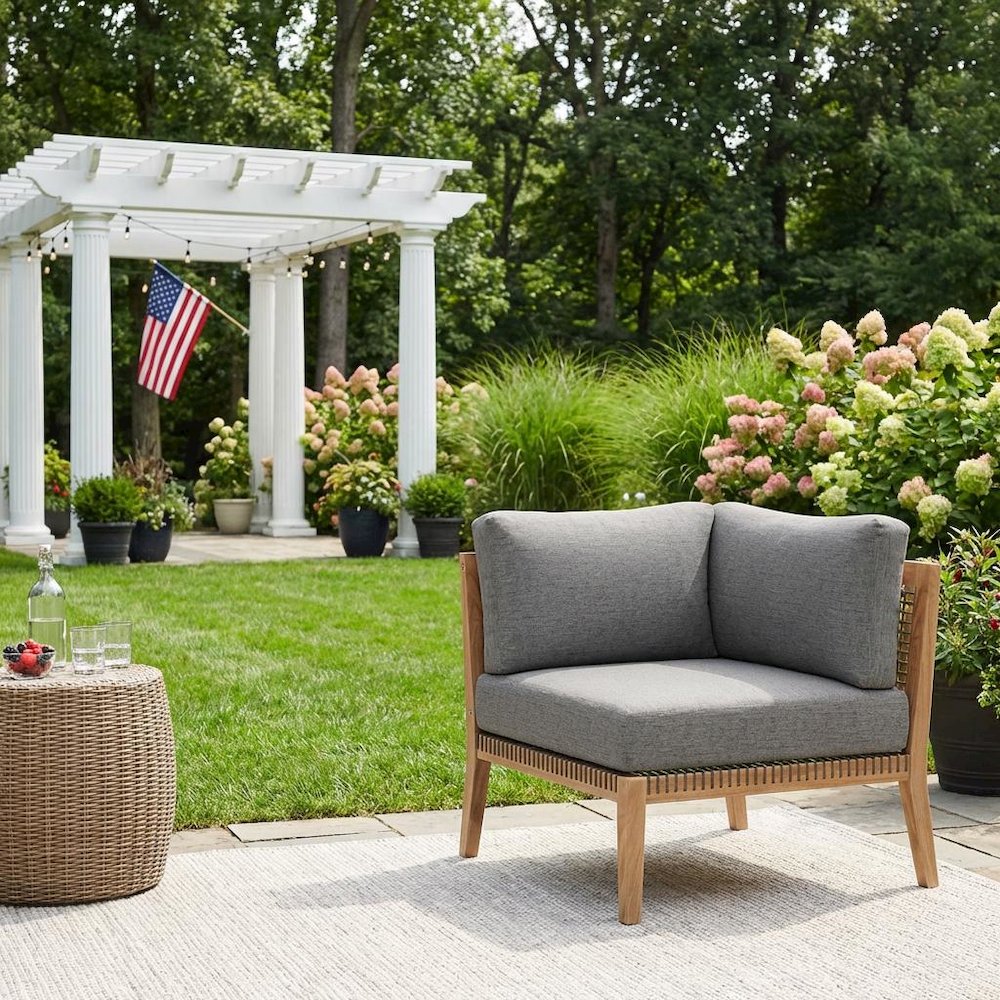 Teak Wood Corner Outdoor Lounge Chair With Backrest And Seat Cushion. Picture 3