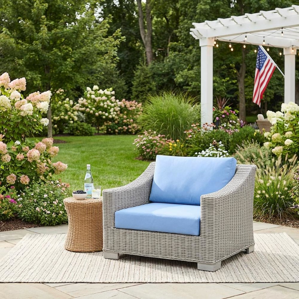 Outdoor Lounge Chair With Wicker Rattan Armrest In Neutral Finish. Picture 3
