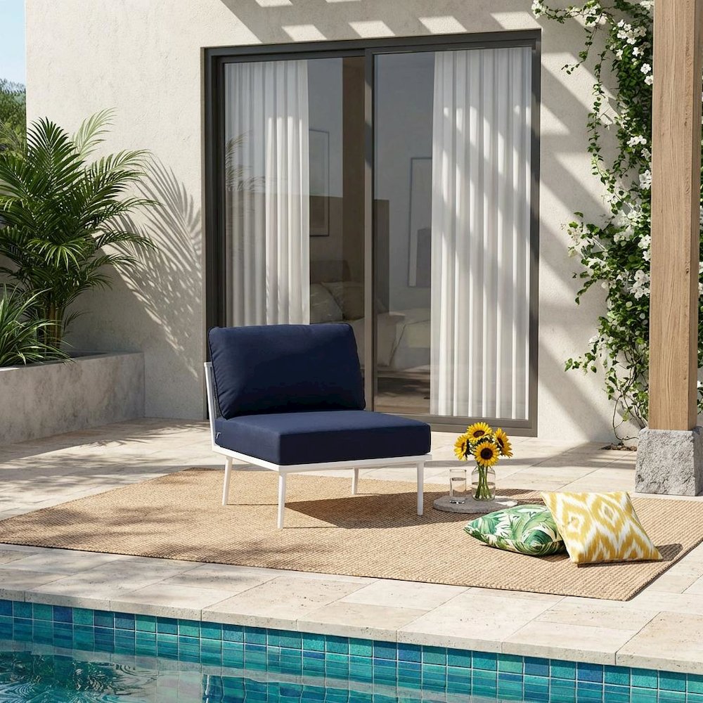 Armless Outdoor Lounge Chair With Aluminum Frame And Cushioned Seat. Picture 2