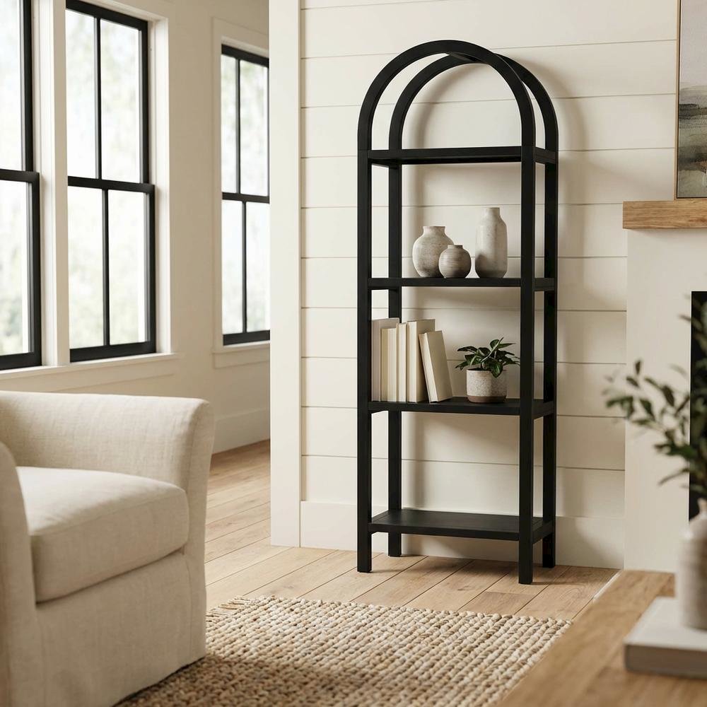 Black Narrow Arched Bookshelf, Elevated Shelves, Engineered Wood Construction. Picture 3