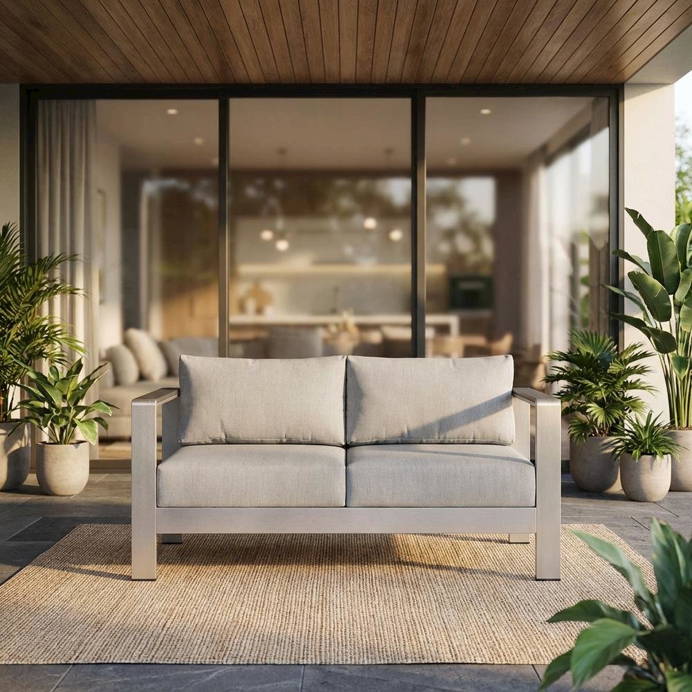 Aluminum Outdoor Loveseat With Sunbrella Fabric Cushions For Patio Relaxation. Picture 2