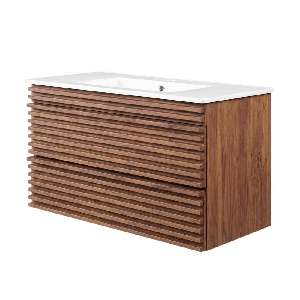 Walnut White 36-Inch Wall-Mount Bathroom Vanity with Ceramic Sink. Picture 1