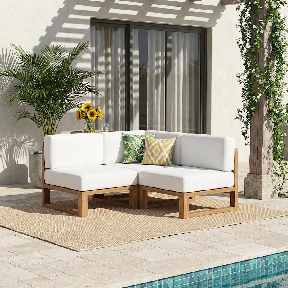 Teak Wood Outdoor Corner Lounge Chair With Comfortable Backrest, Cushioned Seat. Picture 2