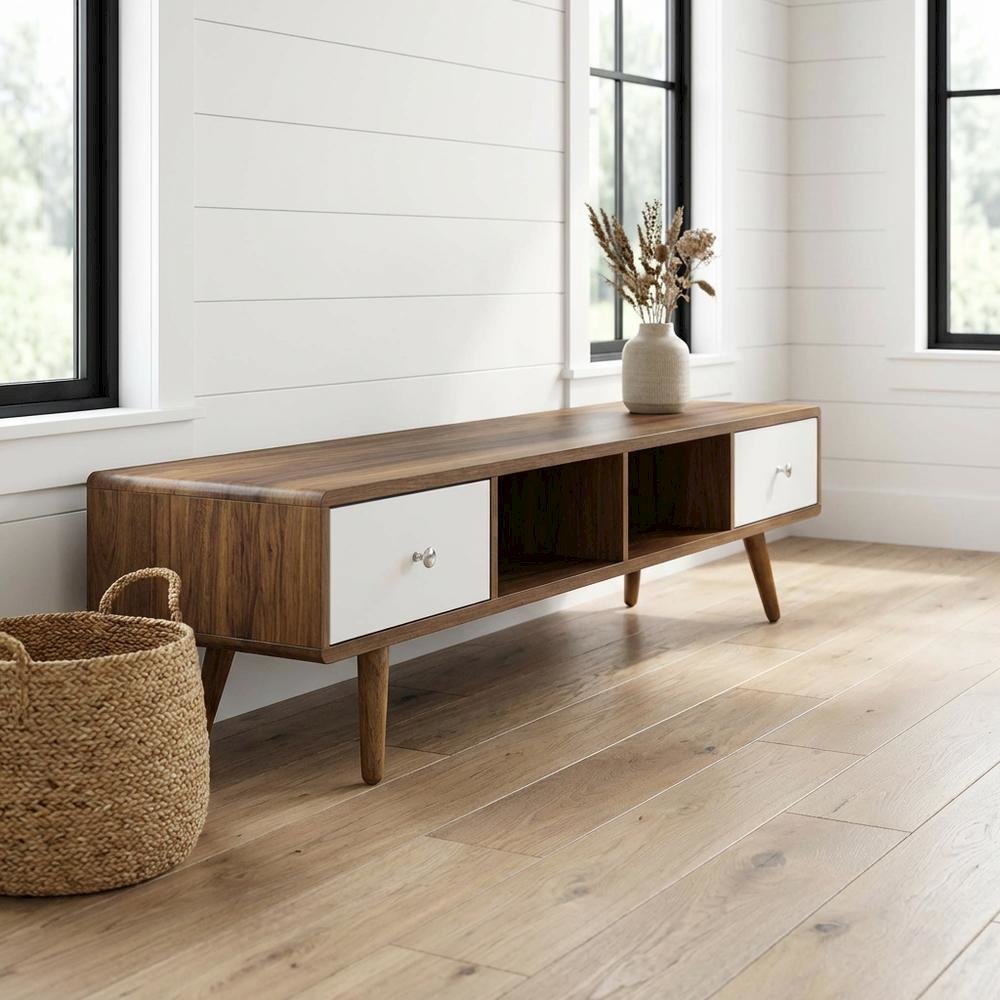 Wood TV Stand with Brown Finish and Spacious Surface. Picture 2