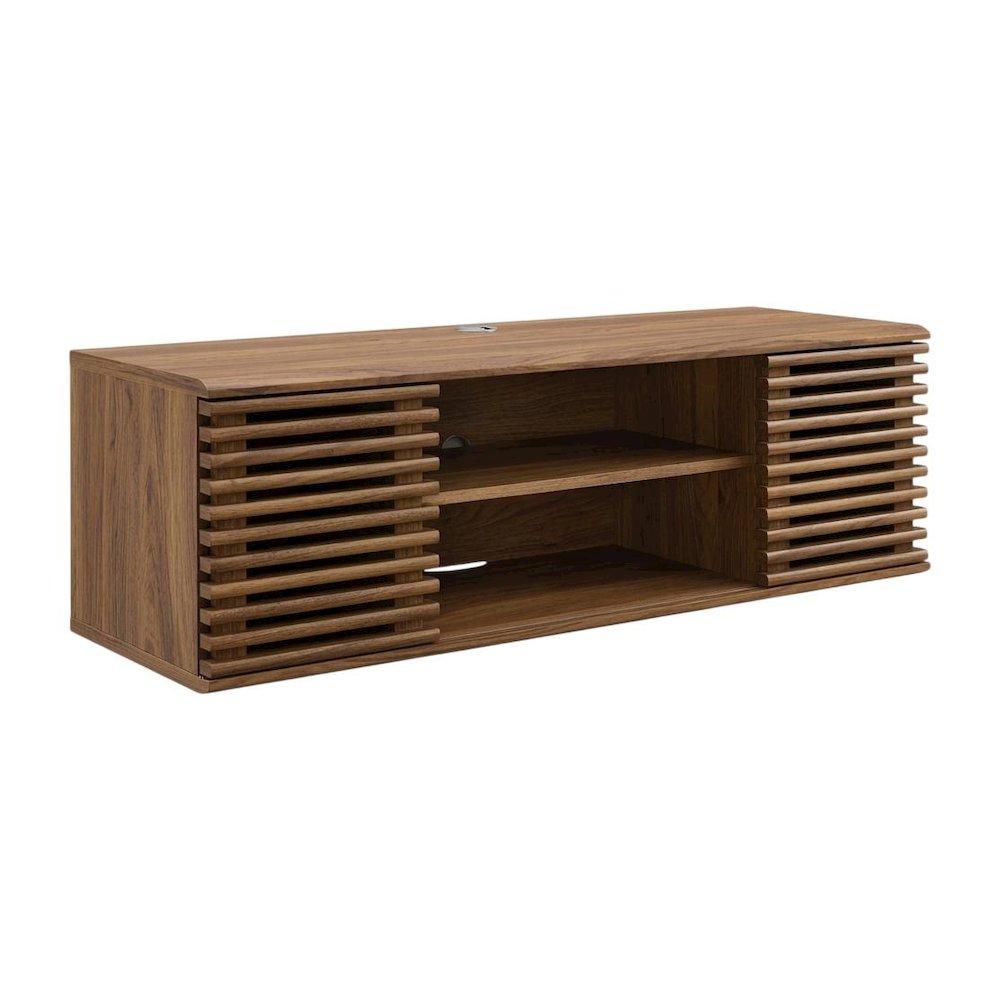 Wooden brown wall-mount TV console with sleek design and sturdy build. Picture 1