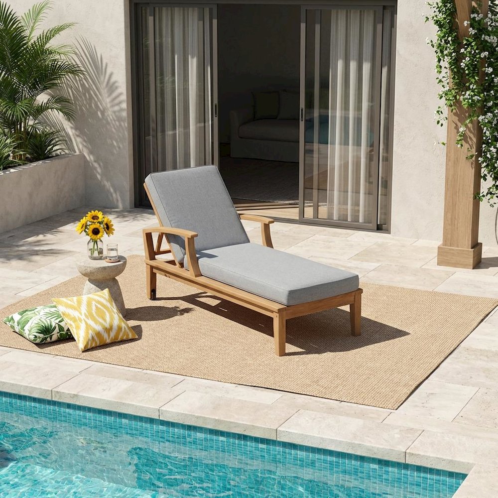 Outdoor Patio Teak Single Chaise With Cushioned Seat And Armrests. Picture 2