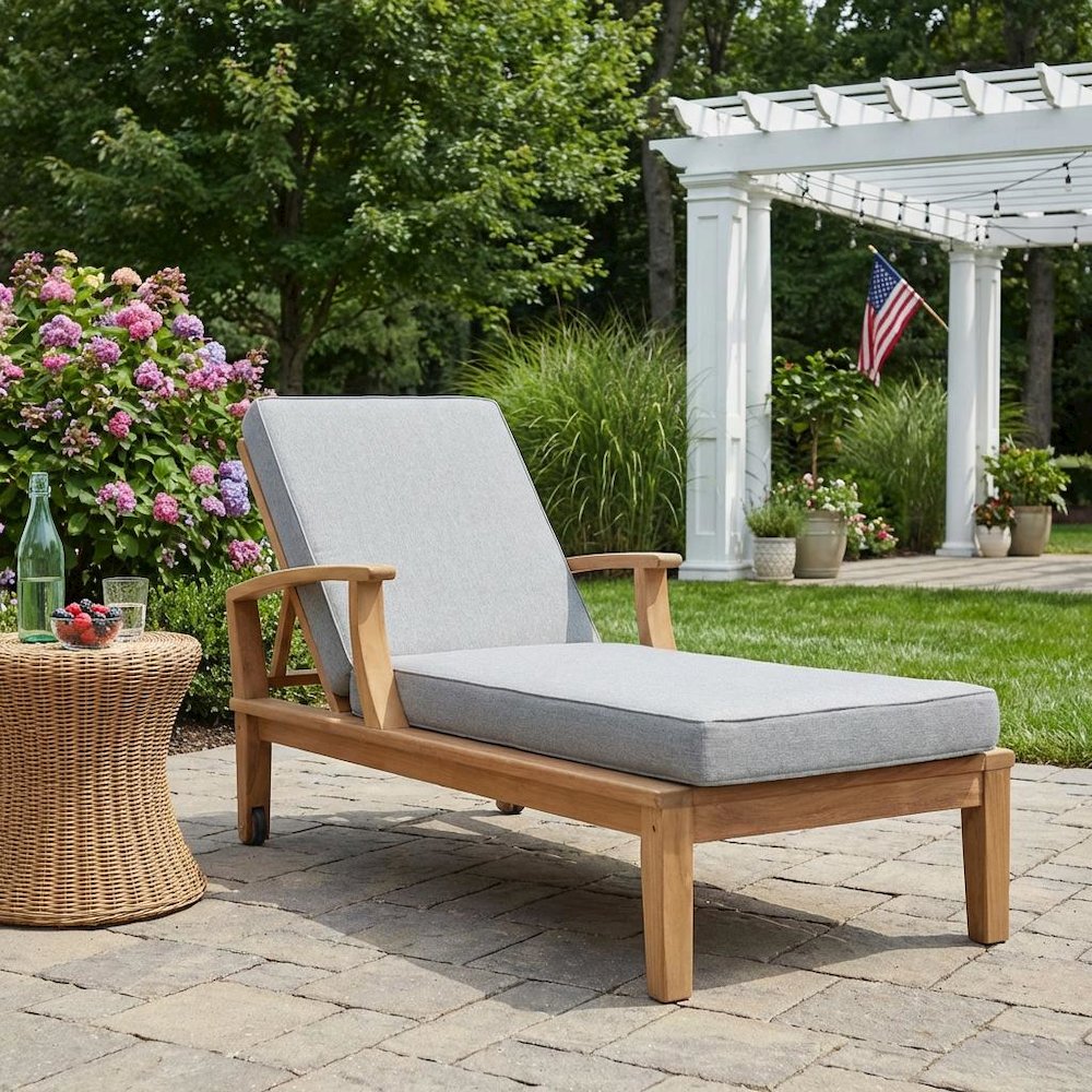 Outdoor Patio Teak Single Chaise With Cushioned Seat And Armrests. Picture 3