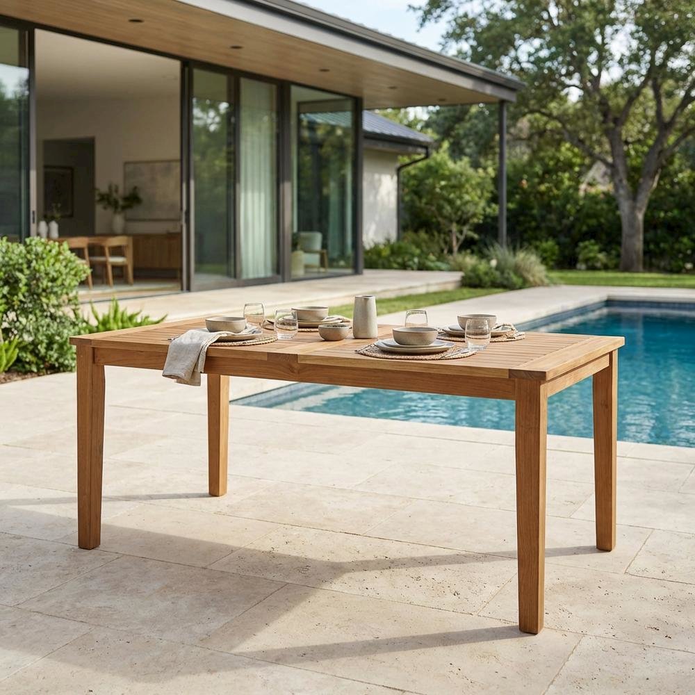 Teak Outdoor Patio Dining Table with Weather-Proof Finish and Slim Top. Picture 3
