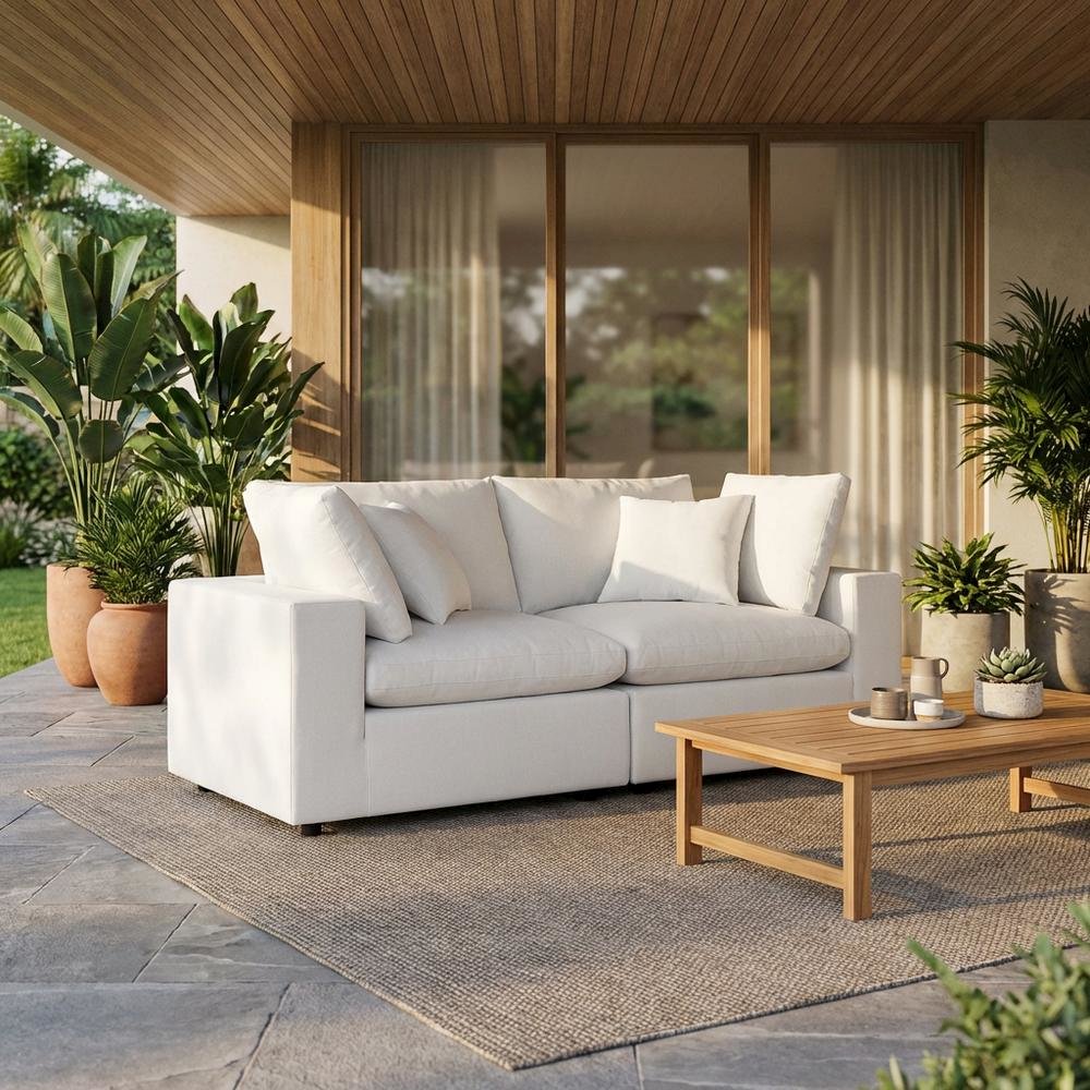 Outdoor Loveseat In Neutral Fabric With Comfortable Cushions. Picture 2