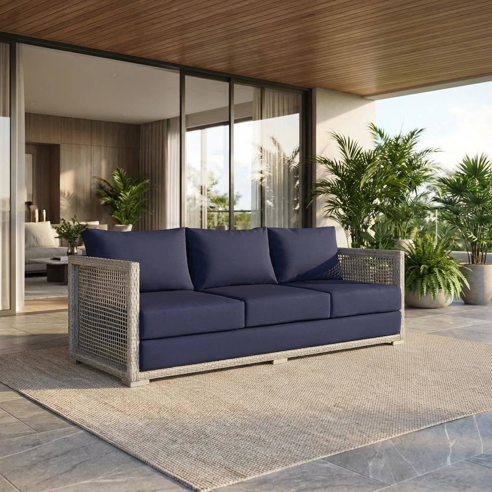 Modern Outdoor Sofa With Armrests, Weather-Resistant Fabric, And Plush Cushions. Picture 2