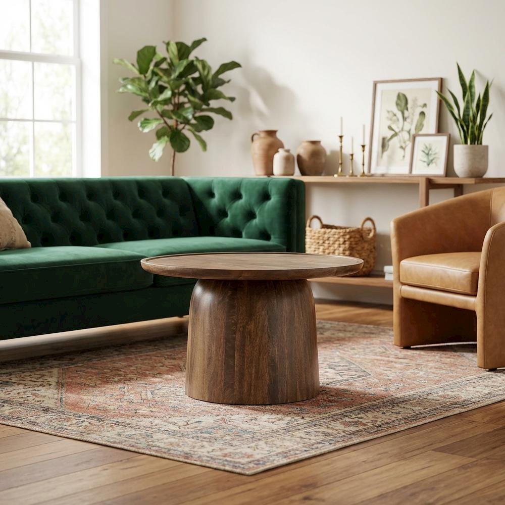 Round Wood Coffee Table with Sleek Design and Solid Oak Finish. Picture 2
