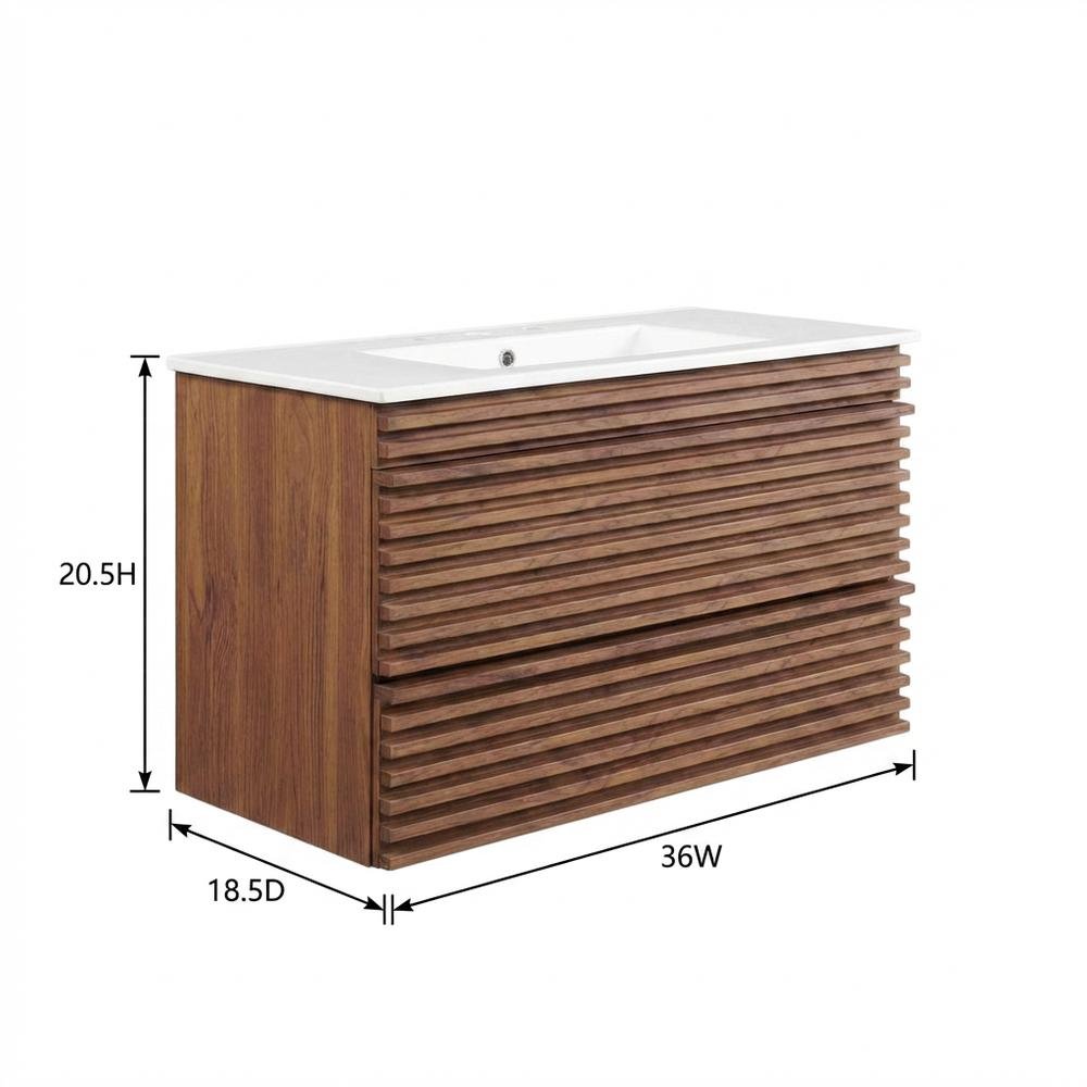 Walnut White 36-Inch Wall-Mount Bathroom Vanity with Ceramic Sink. Picture 7