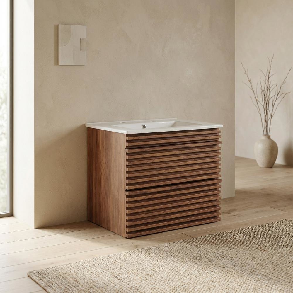 Walnut White 24-Inch Wall-Mount Bathroom Vanity with Ceramic Sink. Picture 2