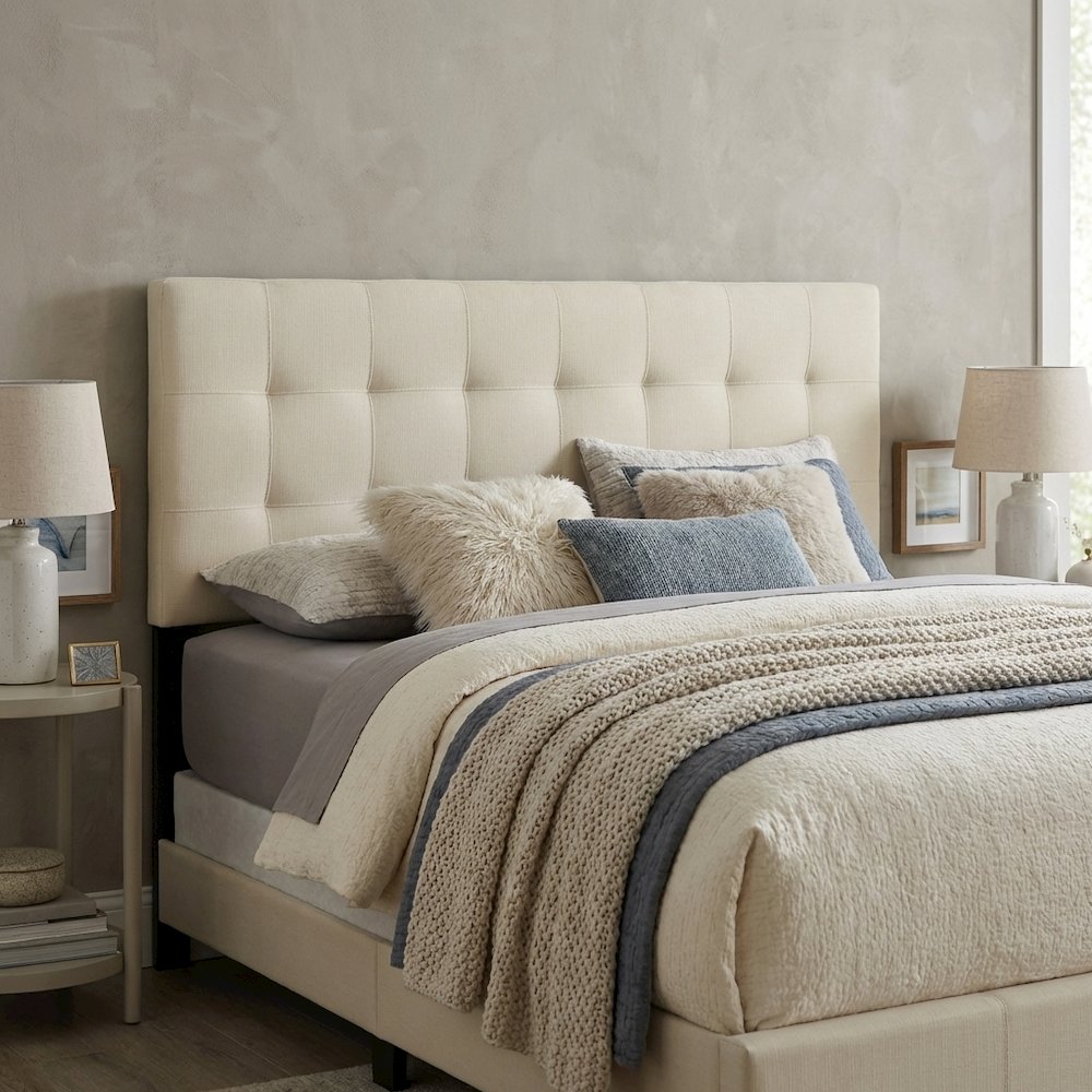 Upholstered Fabric King Headboard with Soft Padding and Classic Design. Picture 3
