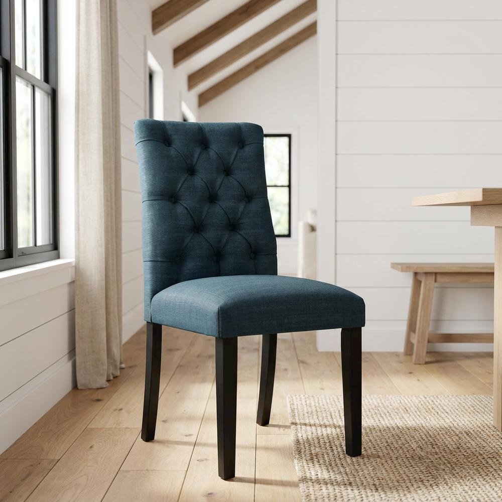 Button-Tufted Upholstered Fabric Parsons Chair, Azure. Picture 2