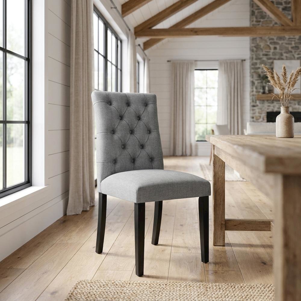 Button-Tufted Upholstered Fabric Parsons Chair, Light Gray. Picture 2
