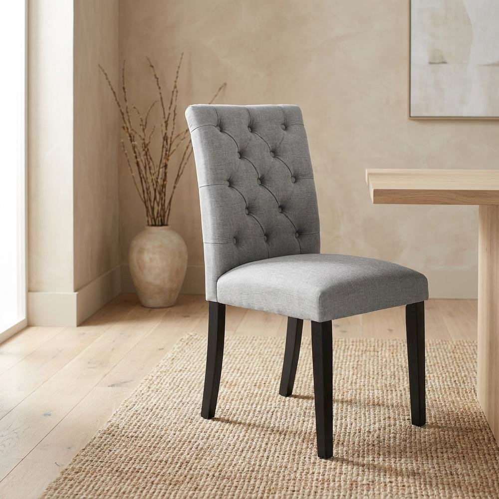Button-Tufted Upholstered Fabric Parsons Chair, Light Gray. Picture 3