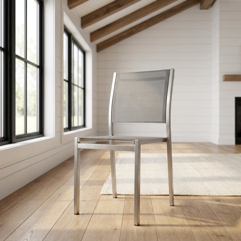 Aluminum Outdoor Side Chair with Open Lattice Back, Silver Gray. Picture 3
