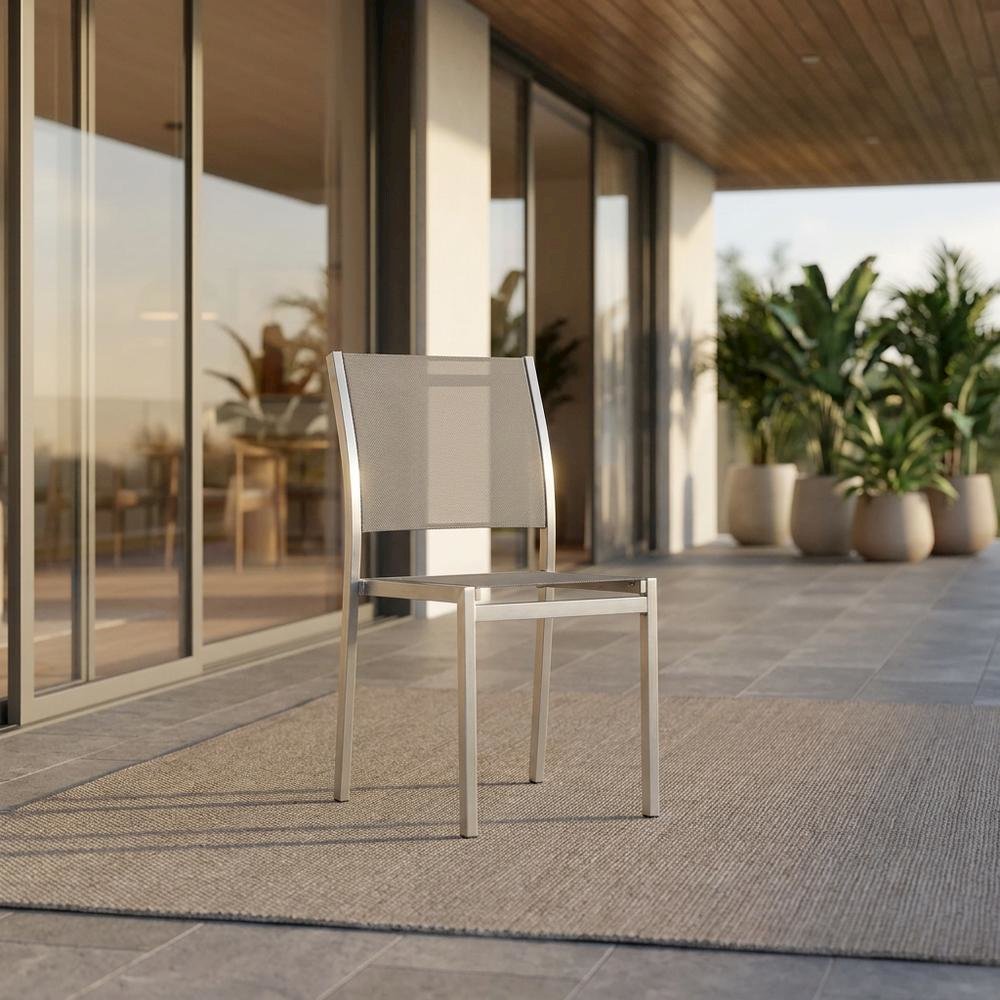 Aluminum Outdoor Side Chair with Open Lattice Back, Silver Gray. Picture 2