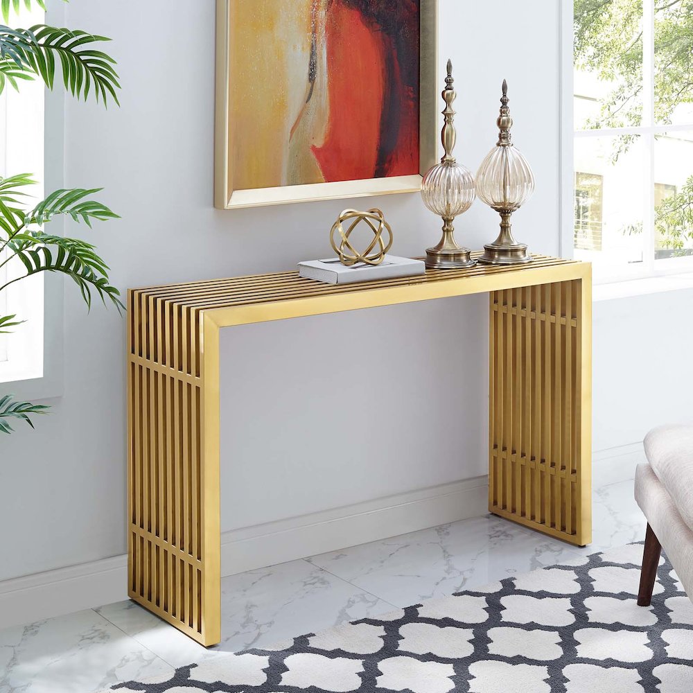 Gridiron Stainless Steel Console Table. Picture 5