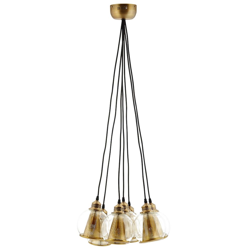 Peak Brass Cone and Glass Globe Cluster Pendant Chandelier. Picture 1