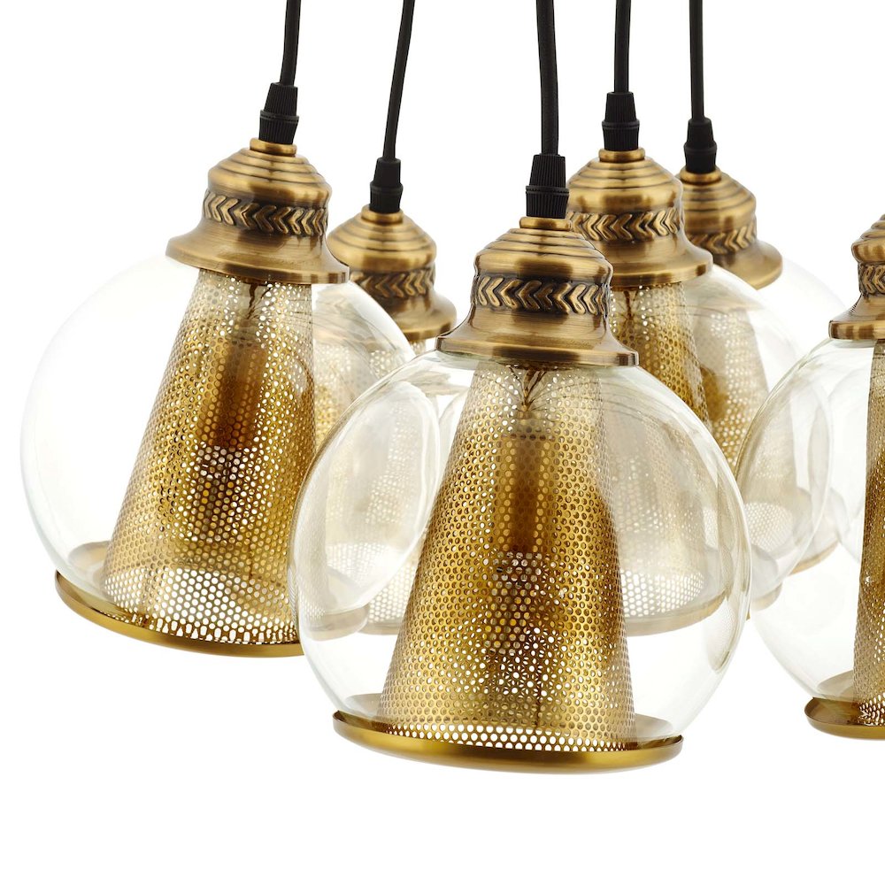 Peak Brass Cone and Glass Globe Cluster Pendant Chandelier. Picture 3