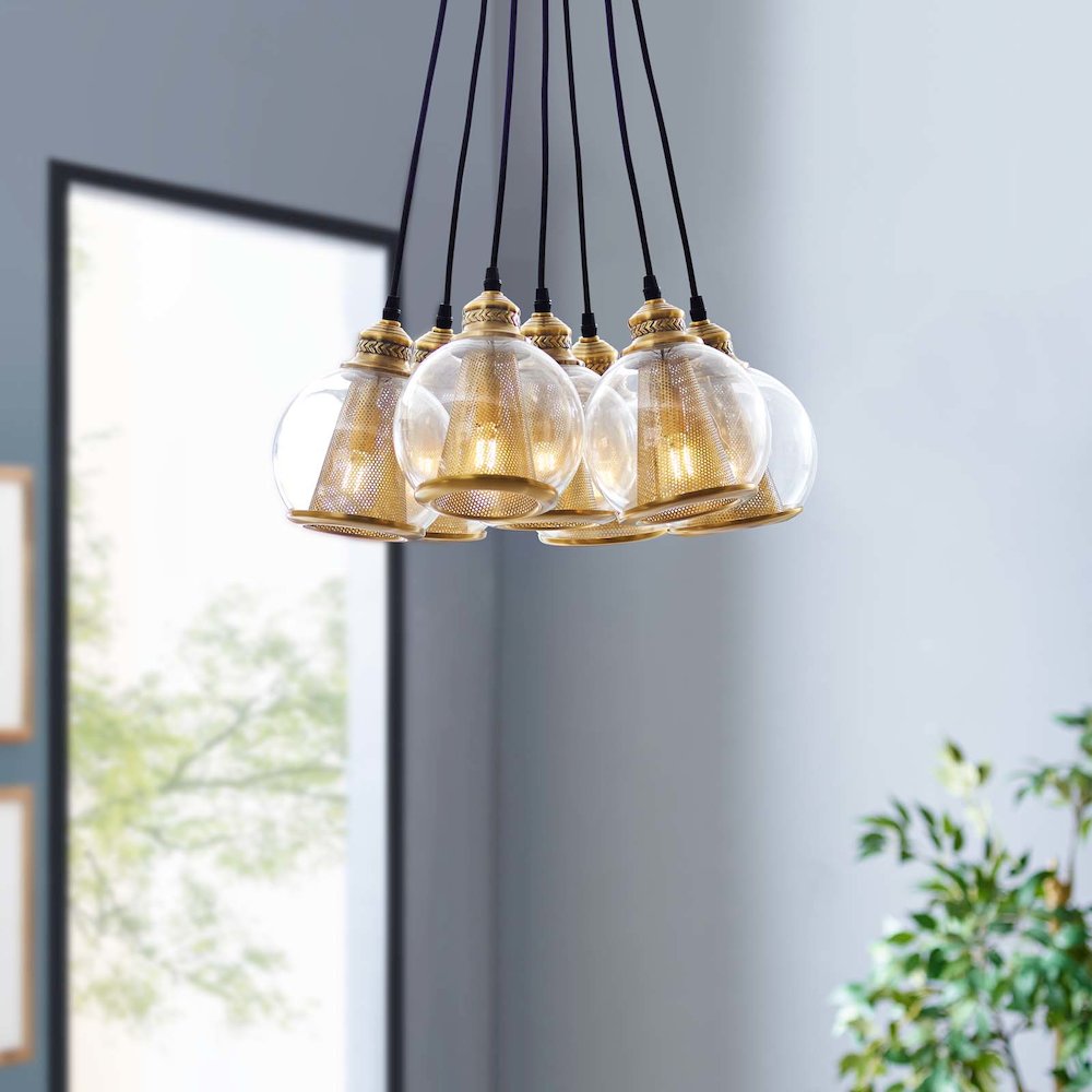 Peak Brass Cone and Glass Globe Cluster Pendant Chandelier. Picture 4