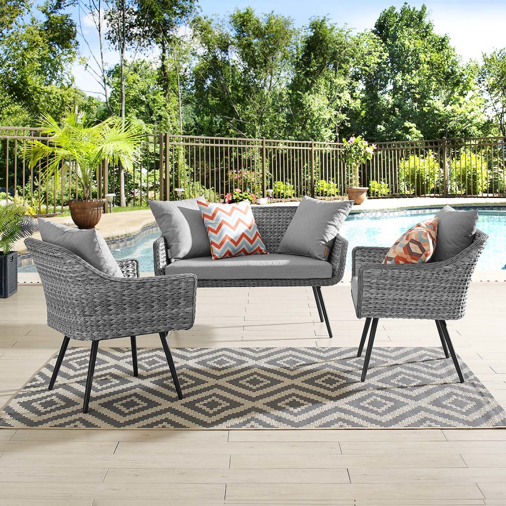 Endeavor 3 Piece Outdoor Patio Wicker Rattan Loveseat and Armchair Set. Picture 8
