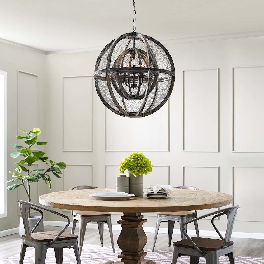 Gravitate Globe Rustic Oak Wood Pendant Light Chandelier. Picture 6