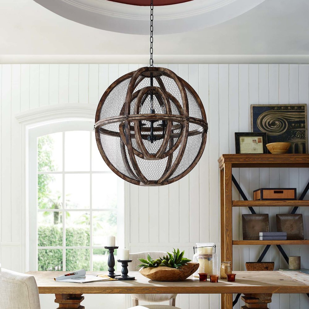 Gravitate Globe Rustic Oak Wood Pendant Light Chandelier. Picture 4