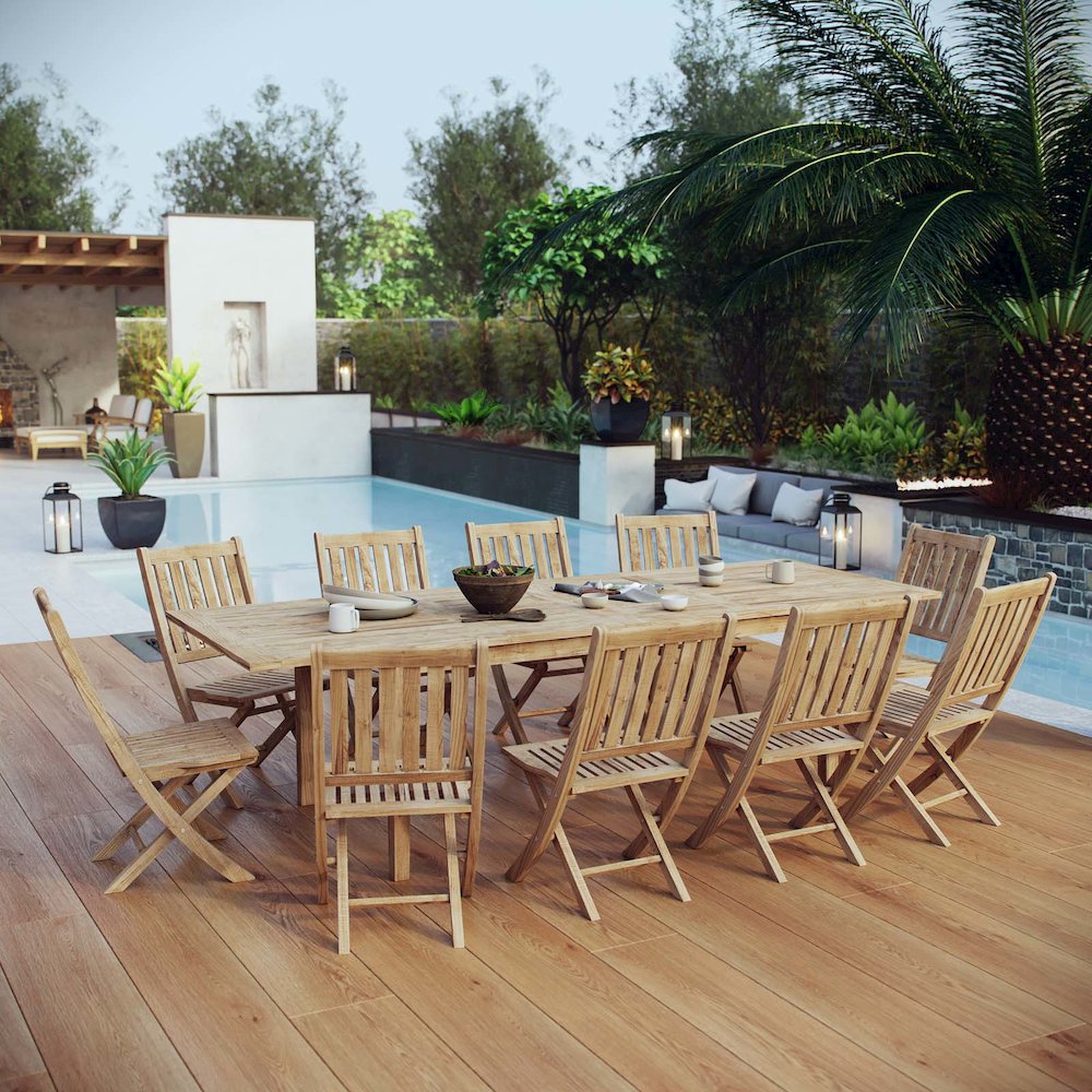 Marina 11 Piece Outdoor Patio Teak Dining Set. Picture 10