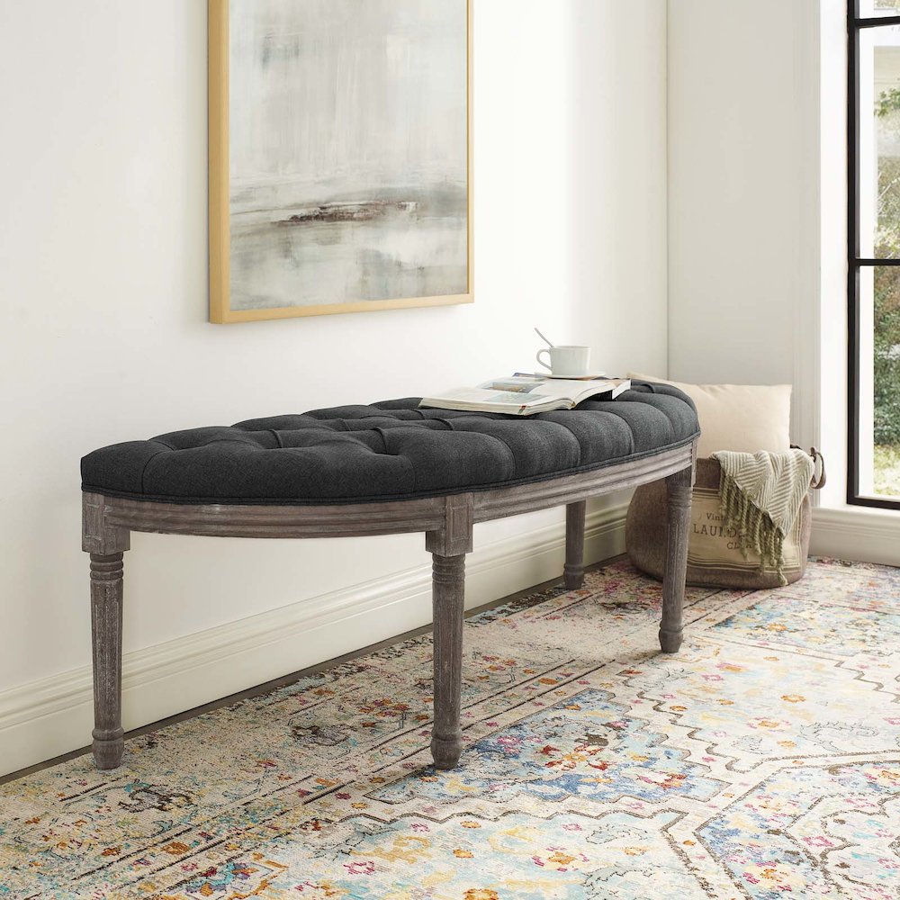 Esteem Vintage French Upholstered Fabric Semi-Circle Bench. Picture 6