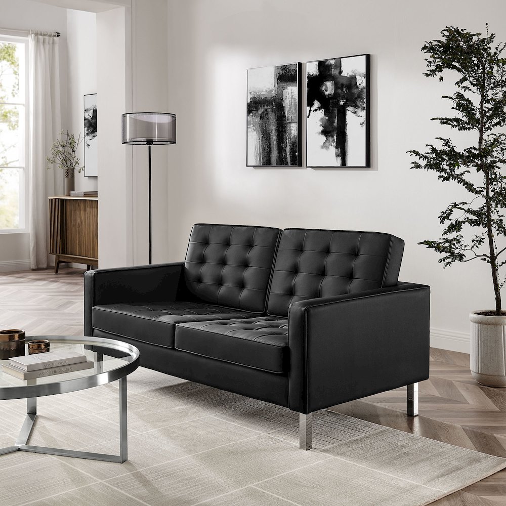 Loft Tufted Vegan Leather Loveseat. Picture 9