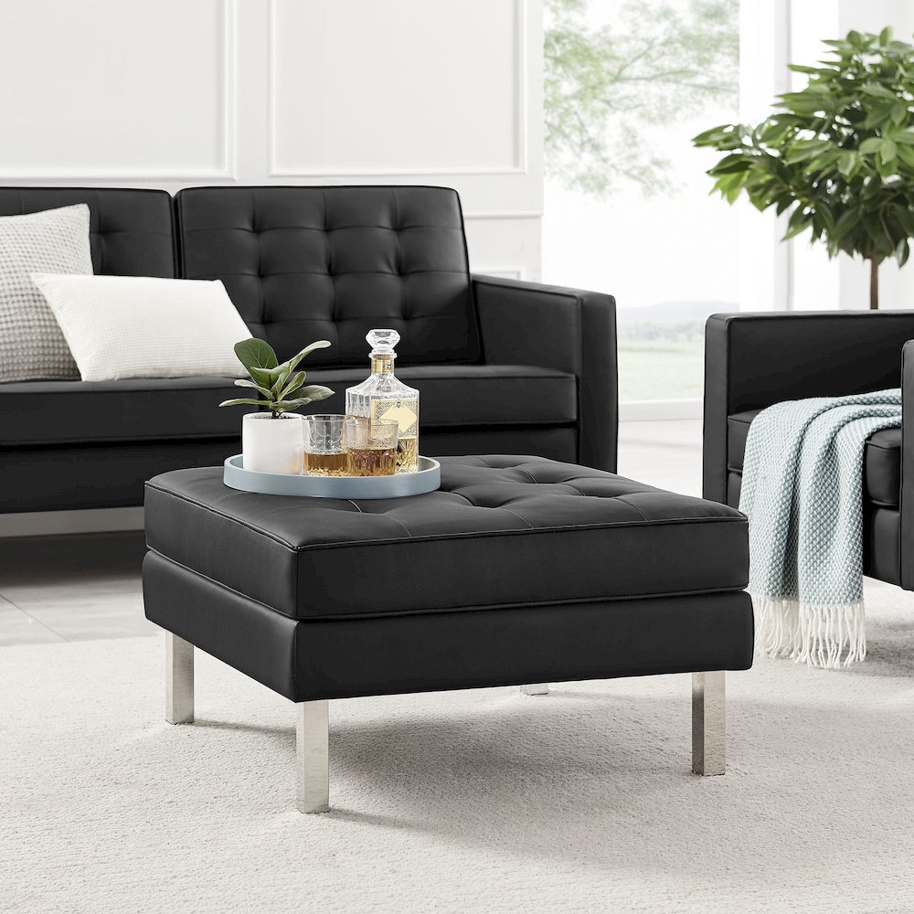 Loft Tufted Vegan Leather Ottoman. Picture 7
